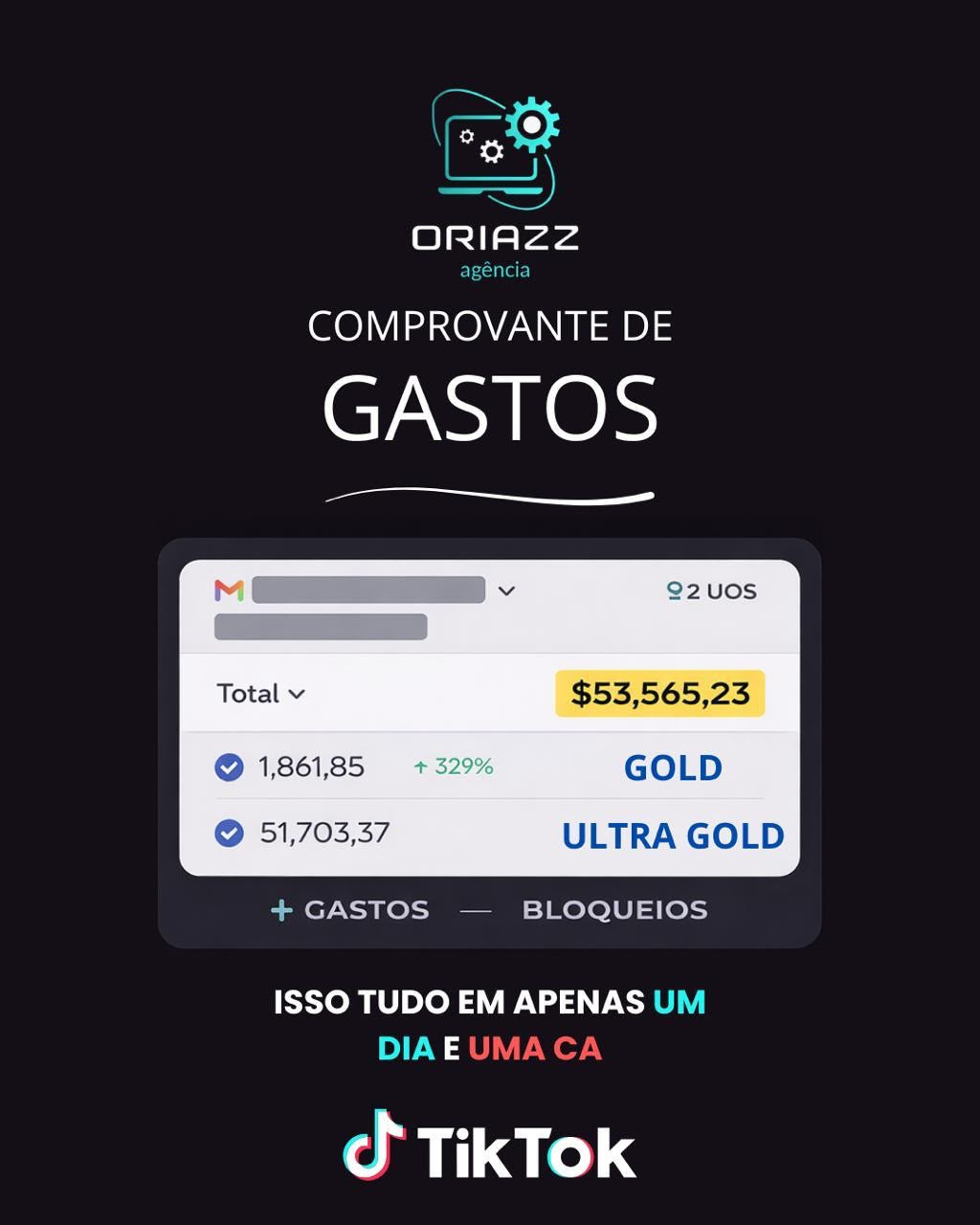 Comprovante de gastos TikTok Ads: US$ 53.565,23 em um dia